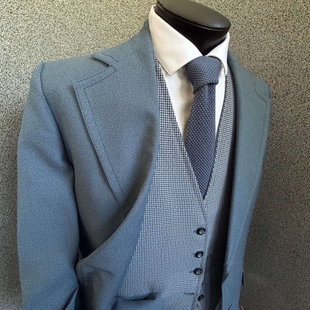 VTG Cresbury's Blazer & Reversible Vest Set 39L 40L Steel Blue Retro MCM Weding